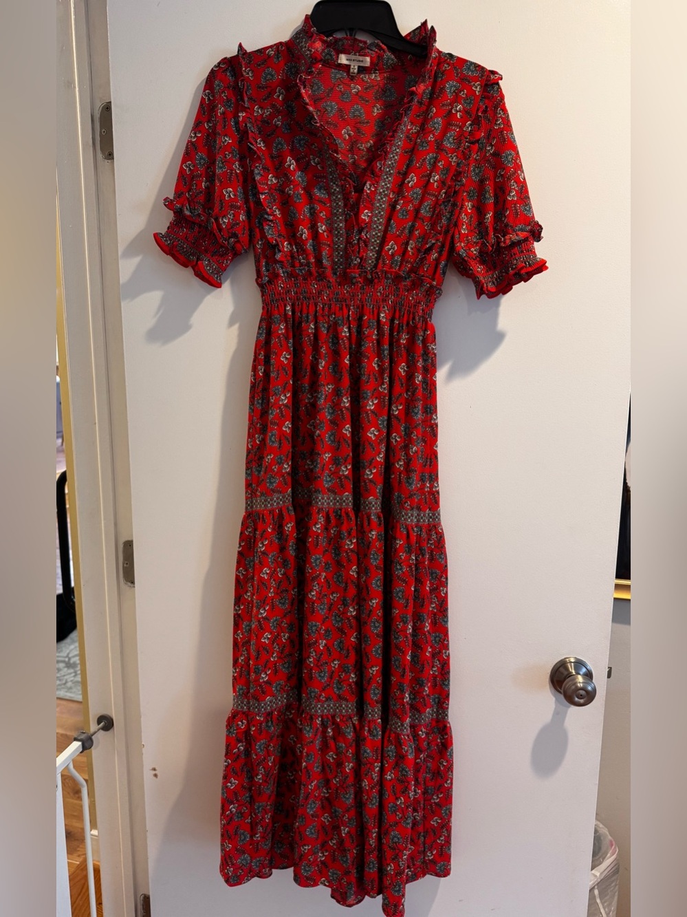 Red Floral Tiered Dress with Smocked Waist